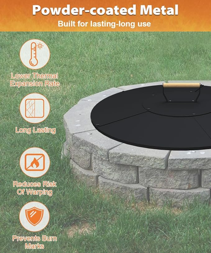 28" Wooden-Handle Fire Pit Lid for Pits up to 26", Round Metal Bonfire Pit Burner Pan Cover, Smokeless Fire Pit Cover for Fire Tables, All-Weather Resistance Outdoor Firepit Accessory
