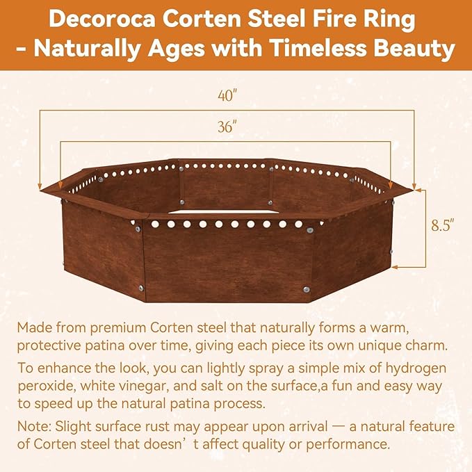 Heavy Duty Smokeless Fire Ring – 40 inch Outer/36 inch Inner Large Detachable & Portable Corten Steel Fire Pit Ring for Outdoor Camping & Bonfires – DECOROCA