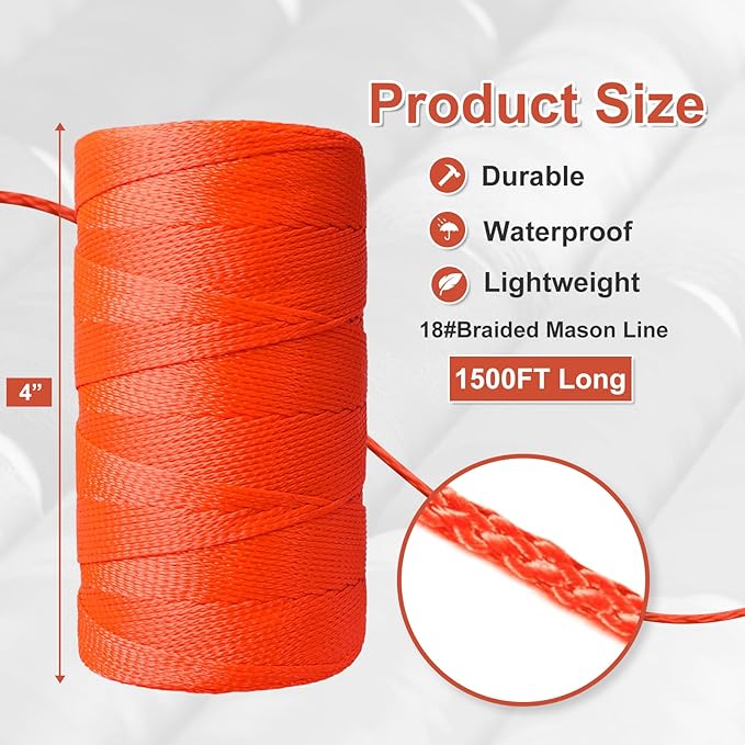 Mason Line String, 1500 Ft Length Nylon Twine, 18 Braided for Gardening or Masonry Tools, Orange