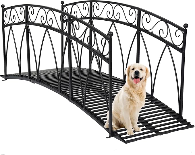 AIIT 8 FT Metal Garden Bridge – Heightened Patio Outdoor Bridge with Safety Guardrails, Decorative Landscaping Iron Footbridge for Backyard Creek Lawn Stream, Black