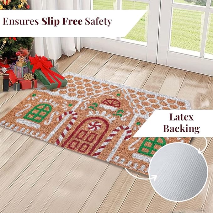 Folkulture Christmas Door Mat Outdoor, Eco Friendly Christmas Door Mats for Front Door, 28 X 16 Inch Welcome Matt or Doormat for Home Entrance, Durable & Anti Slip Coir Door Mats (Gingerbread House)