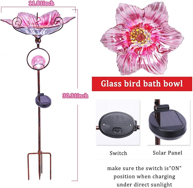 MUMTOP Glass Bird Baths for Outdoors, Flower Bird Baths Bowl with Solar Crackle Glass Globe Lights Decorations and Metal Stake for Outdoor Garden Yard Lawn Outside, Pink