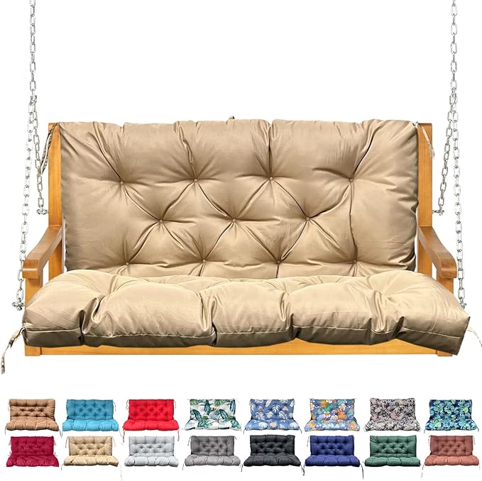 Porch Swing Cushion with Backrest, Waterproof Bench Cushion for Outdoor Furniture, 2-3 Seater Replacement Thickened Swing Cushion with Ties, Patio Outdoor Backyard and Garden (Khaki,40x40in)