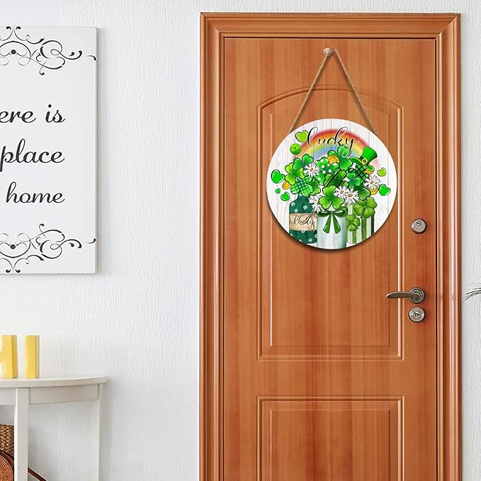 St. Patrick's Day Lucky Green Clover Door Sign For Front Door Decor,Shamrock Mason Jar Rainbow Wooden Sign 12"x 12" Round Wood Hanging Door Sign Decoration for Wall Rustic Decor