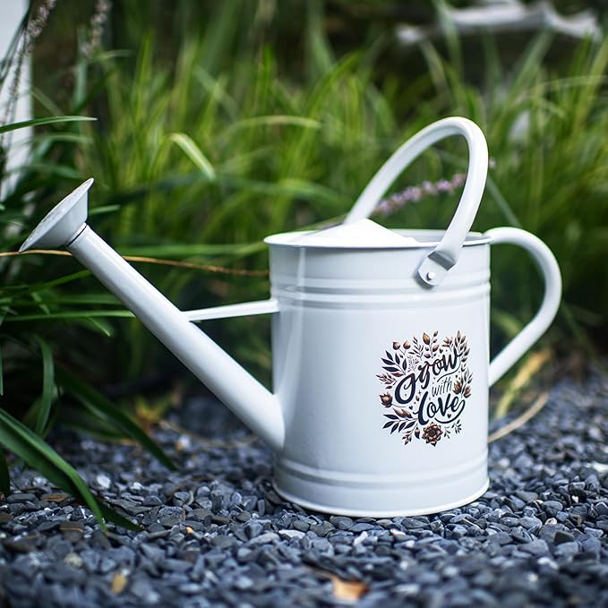 1 Gal Galvanized Steel Watering Can Decorative Farmhouse Style Watering Can, Removable Rosette-Diffuser, Perfect for Indoor and Outdoor Use (1 Gallon White with Floral Design, 1 Gallon)