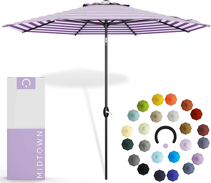 Midtown Umbrellas - 10-Year-No-Fade 9 Ft Patio Umbrella with Terylast Fabric, Auto-Tilt Aluminum Frame and 8 Reinforced Ribs for Deck, Pool, Garden & Beach - Purple Stripe Canopy, Black Pole