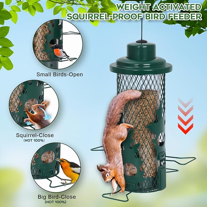 Squirrel Proof Bird Feeder for Outdoors Hanging, Metal Mesh Bird Feeder for Outsides with Gravity Protection for Small Birds, Weatherproof and Durable, Green