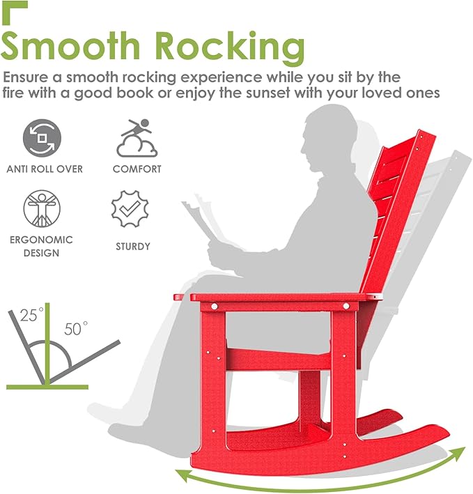 GREENVINES Outdoor Rocking Chair Set | 3-Piece | 2 Rocking Chairs with 1 Side Table | Porch Rocker | HDPE Plastic | Red | Patio Furniture Sets | High Back | Big & Tall | Ladder Back