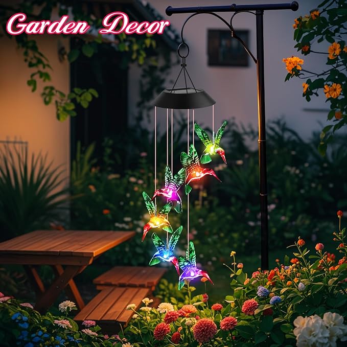 Valentines Day Gifts for Her Mom Grandma, Mother Birthday Gardening Hummingbird Gifts for Women, Winzwon Wind Chimes Solar Lights Outdoor Decor for Garden Patio Yard Porch