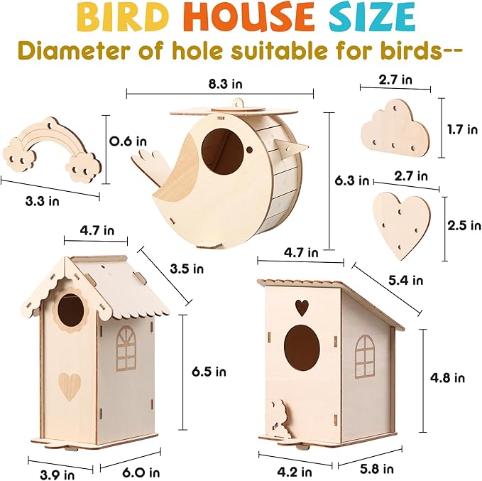 3 Pack Bird Houses Kits for Kids, Wooden Painting Arts and Crafts for Kids Ages 8-12, Build & Paint Your Own Bird Houses and Wind Chime Kits, Toddlers for Girls Boys