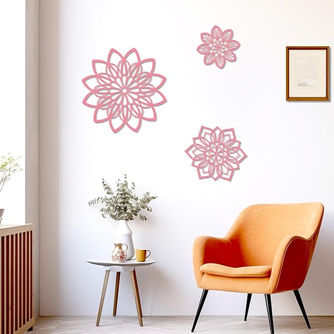 3 Pieces Metal Flowers Wall Decor, Black Wall Decoration Metal, Flower Art Wall Decor Farmhouse Wall Decorations Multiple Flowers Hanging Decor for Bathroom Living Room Home Kitchen Garden Office (Pink Elegant)