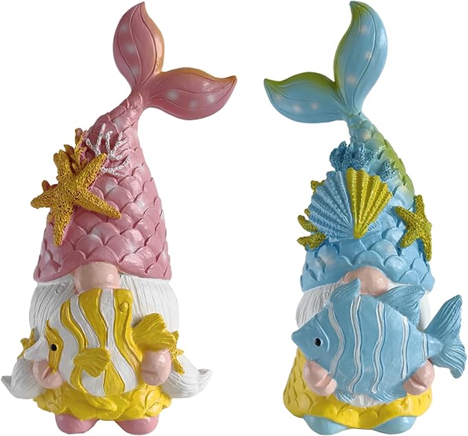 Mermaid Fairy Gnome Sea Star Shell Statue 2psc, Summer Beach Gnomes Figurine Elf Ornaments for Garden Outdoor Indoor Decoration