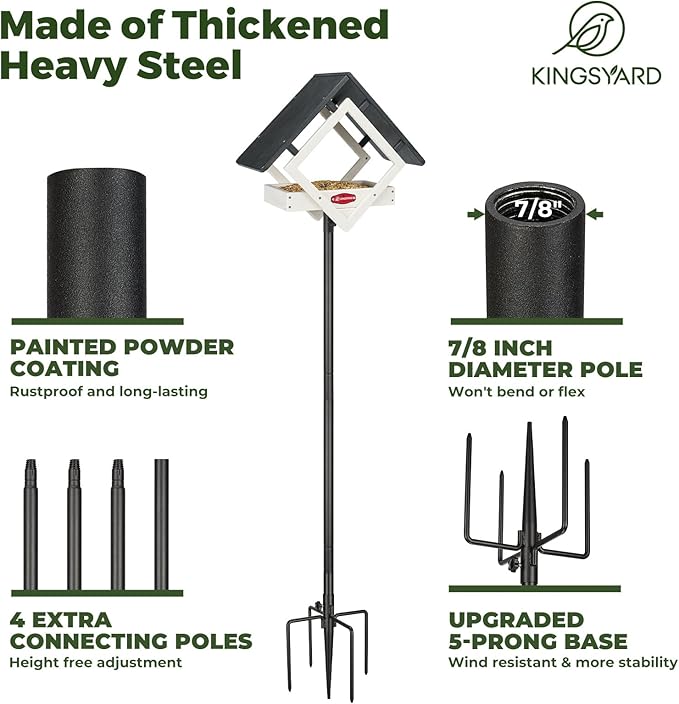 Kingsyard Large Platform Bird Feeder with Metal Mesh Tray, Pole Mount Adjustable Bird Feeders with Weather Protective Top, 4 lbs Seed Capacity, White