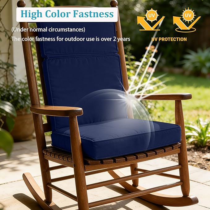 2 Pieces High Back Patio Chair Cushions, Fade Resistant Outdoor Rocking Chair Cushions, Office Chair Back Support Cushion (Navy Blue, Seat (21''x21''x3'')+Backrest (21''x28''x3''))