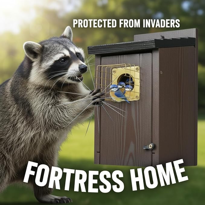2pk Fortress Bluebird House for Outdoor Clearance - Mesh Cage Predator Guard - Metal Base & Brass Guard - Cedar Birdhouse for Bluebirds, Finches, Swallows Carbonized Outdoor 5 Years Usage 6"x7"