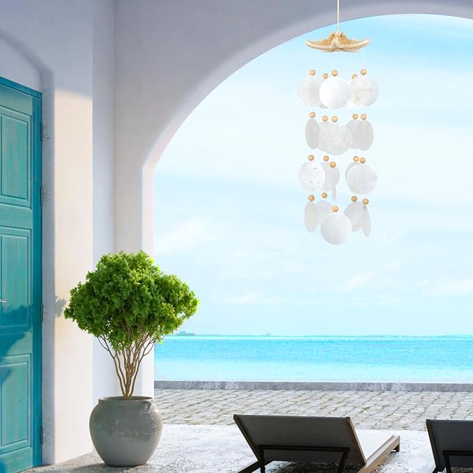 Seashells Wind Chimes - Handcrafted White Capiz Shells Windchime with Starfish, Bohemian & Coastal Style Decor for Indoor/Outdoors, Garden Decor, Great Gift for Women, Wind Chimes Lovers and More