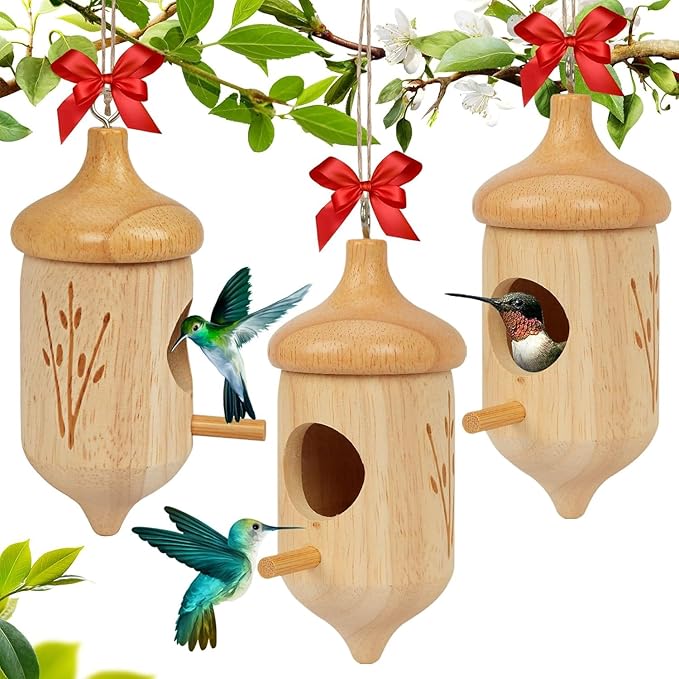 Hummingbird House, Small Hummingbird Houses for Outside, Wooden Bird House with Bow, String, Cute Gardening Gifts Home Decoration