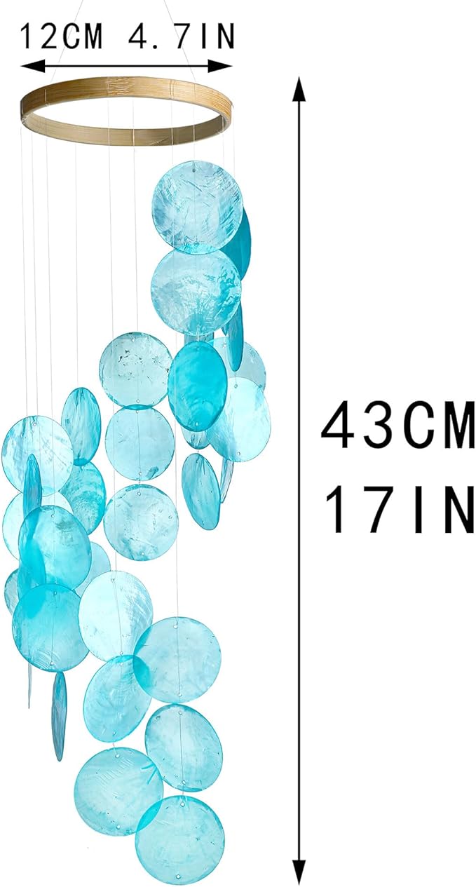 YUFENG Wind Chimes Outdoor Decor, 17'' Ocean Blue Capiz Shell Metal Windchime for Outside Garden Yard Home, Soothing Sound Decorative Wind Bell Memorial Ornament for Christmas Tree Gift