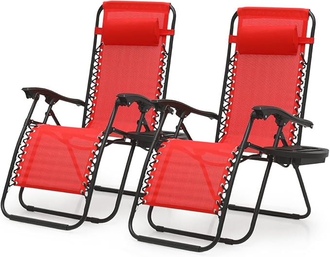 Magshion Zero Gravity Lounge Chairs Set of 2, Outdoor Patio Reclining Chair with Side Tray, Adjustable Anti-Gravity Recliners with Pillow Headrest, Folding Lounger for Lawn Camping Beach, Red