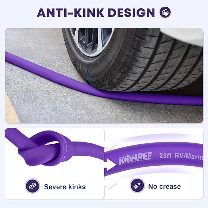 Kohree 25FT RV Water Hose with Storage Bag, 5/8'' Premium Drinking Water Hose, Leak-free, No Odor, Anti-Kink and Flexible Garden Hose for RV, Camper, Truck, Car - Purple