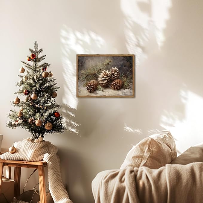 Framed Vintage Christmas Canvas Wall Art, Pine Cones Wall Decor Paintings, Winter Holiday Aesthetic Pictures Prints Rustic Home Decor for Living Room Bedroom Farmhouse 12×16 inch