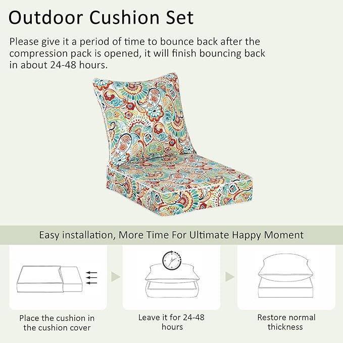 COZYVIDA Outdoor Deep Seat Cushion Set of 2, 24"x24" Seat & 25"x22.5" Back, C0 Water-Resistant Breathable Polyester, UV-Resistant 1000+ Hrs, 30D Foam,YKK Zippers,Boho Paisley