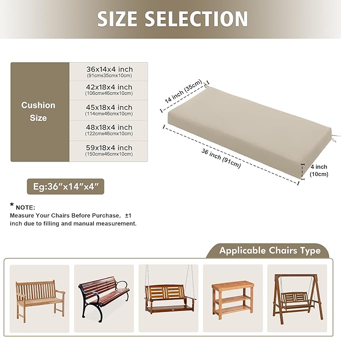 Outdoor Bench Cushion Waterproof 48"x18" – Fade-Resistant Patio Furniture Cushion with Ties for Porch Swing, Loveseat, or Indoor Bench Replacement, Cream