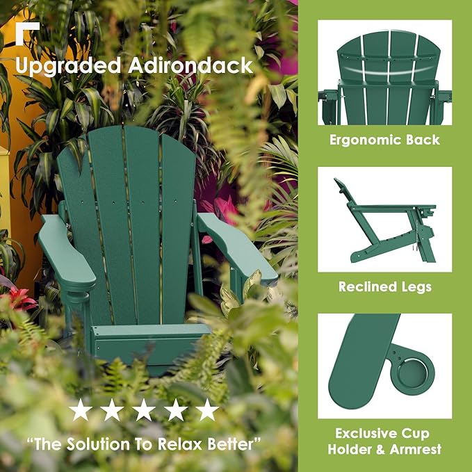 GREENVINES Adirondack-Chairs-with-Ottoman | Set of 2 | Folding | Retractable-Footrest | HDPE Plastic | All Weather Fire Pit Chair | Cup Holders | Forest | for Outdoor Poolside