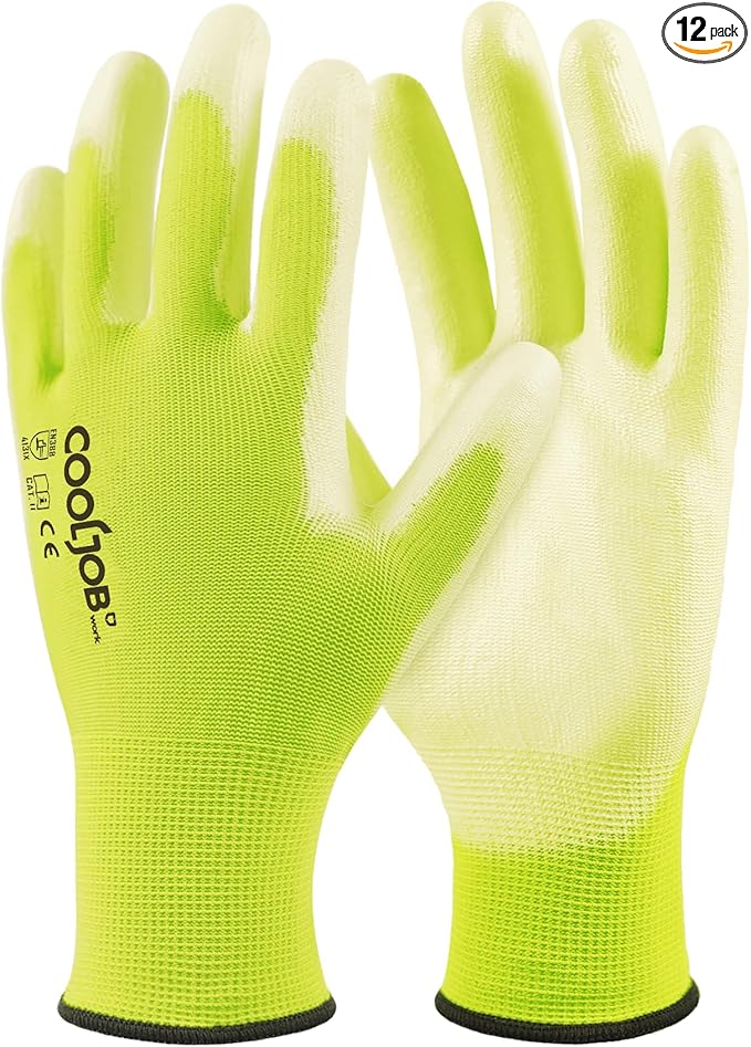 COOLJOB 12/60 Pairs Safety Work Gloves Pack Bulk with Grip PU Coating, 13 Gauge Seamless Knit Gloves with Polyurethane Dipped for Warehouse Working, Breathable Lightweight for Men Women, Yellow Large