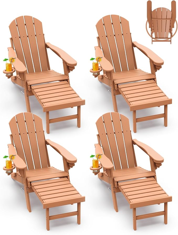 GREENVINES Adirondack-Chairs-with-Ottoman | Set of 4 | Folding | Retractable-Footrest | HDPE Plastic | All Weather Fire Pit Chair | Cup Holders | Teak | for Outdoor Poolside