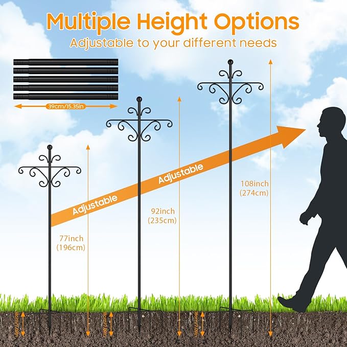 Bird Feeder Pole for Outdoors,108 Inch Adjustable Tall Shepherds Hooks, Double Shepherd Hooks for Bird Feeder Stand for Garden Plant, Hummingbird Feeder, Lantern, Hanging Wedding Decor
