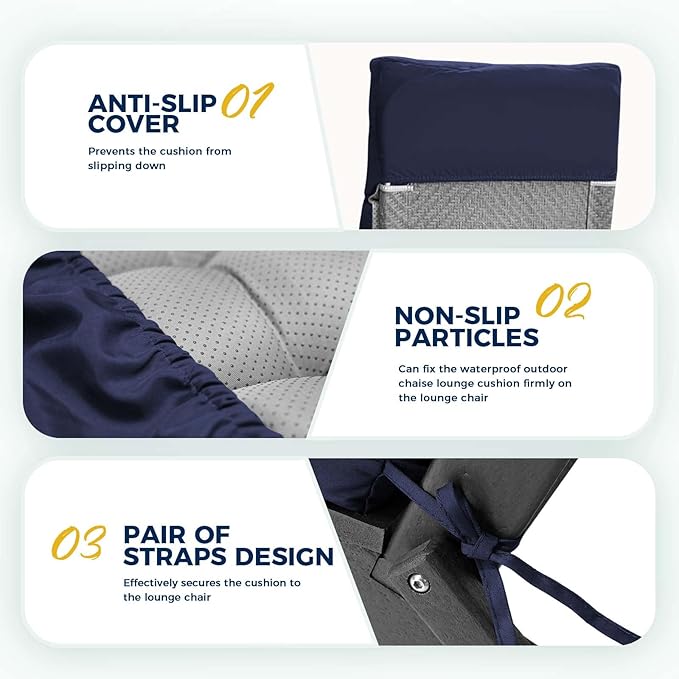 Outdoor Chaise Lounge Chair Cushion 74.4 x 22 x 4.7 Inches Non-Slip Lounge Chair Cushions for Outdoor Furniture with Ties, Patio Recliner Thickened Lounge Cushions for Indoor, Blue