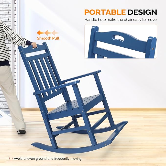 VINGLI Outdoor Rocking Chair with Footrest, Wooden Rocking Chair with 450 LBS Weight Capacity, Patio Rocker with Comfortable Backrest for Garden, Yard (Navy Blue, 1PC)
