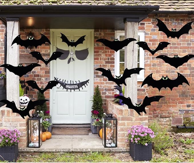 Hanging Bats Halloween Decorations Outdoor - 16 Pack Glowing Eyes Large Flying Bats 5 Different Size, Waterproof Plastic Realistic Black Bats Hanging in Tree Outside Halloween Decoration for Porch