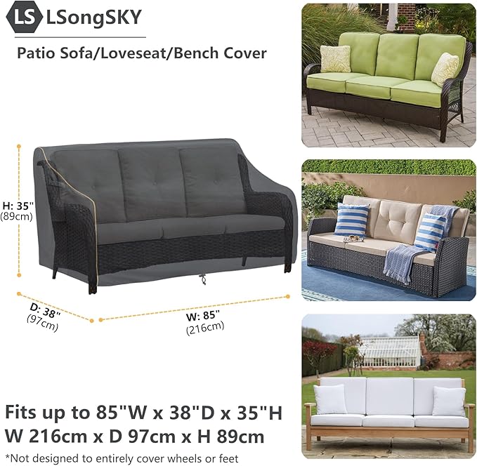 Patio 3-Seater Sofa Cover,Outdoor Couch Cover Fits up to 85W x 38D x 35H Inches,100% Waterproof Heavy Duty Patio Furniture Covers,Black