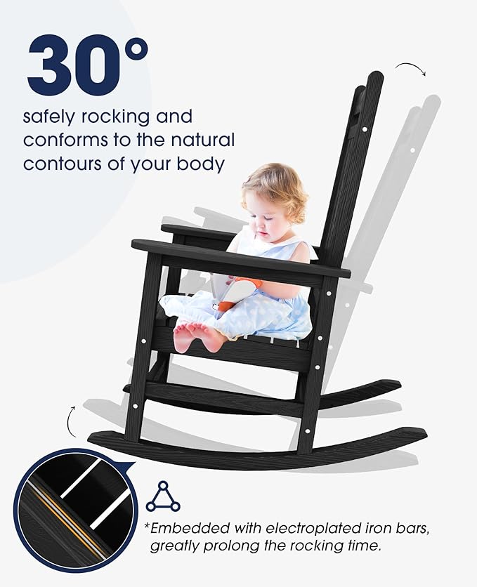 KINGYES Outdoor Rocking Chair Set of 2, All-Weather Patio Rocking Chairs for Porch, HDPE Rocking Outdoor Chairs with High Back for Adult, Heavy Duty Outdoor Patio Rockers for Garden, Lawn, Black