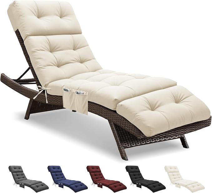 Outdoor Chaise Lounge Chair Cushion Waterproof 74.4 x 22 x 4.7 Inches Lounge Chair Cushions Replacement for Outdoor Furniture with Ties and Pocket, Thickened Pool Lounge Chair Cushions, Cream