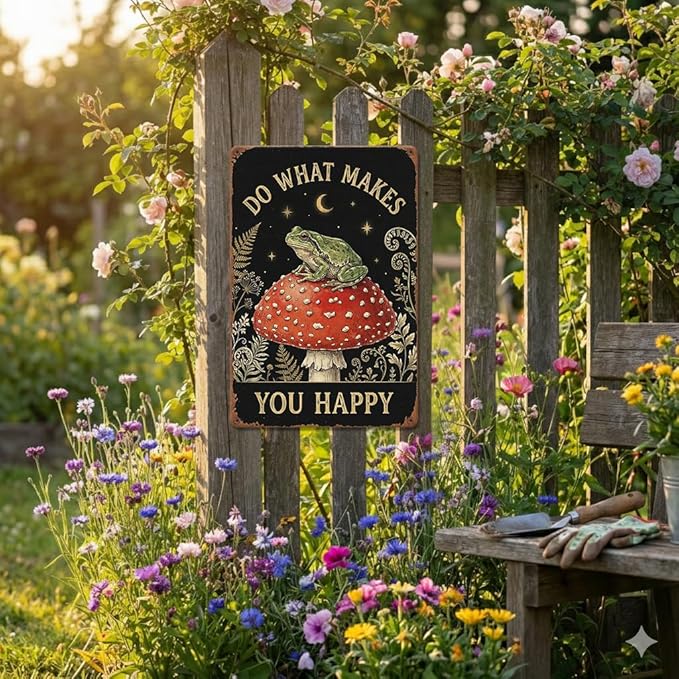Goblincore Room Decor Tin Sign - "Do What Makes You Happy" Frog on Mushroom Art - Metal Sign 8x12 Vintage Cottagecore Wall Plaque for Shed, Bedroom, Dorm, Bathroom