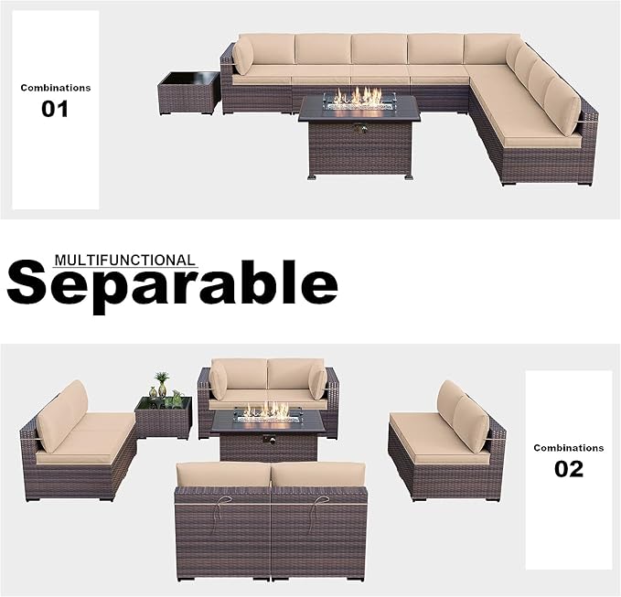 Kullavik 10 Pieces Outdoor Patio Furniture Set with 43" Gas Propane Fire Pit Table PE Wicker Rattan Sectional Sofa Patio Conversation Sets,Sand