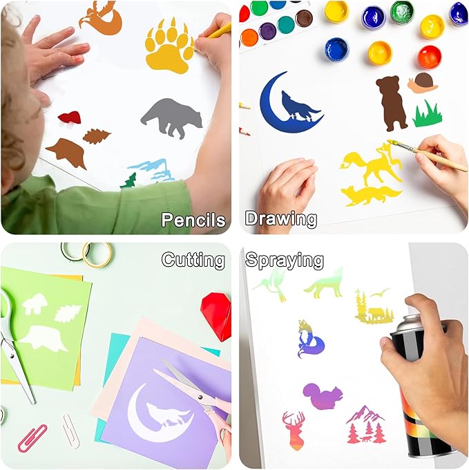 65 PCS 3 Inch Forest Animals Stencils, Wildlife Paint Stencils Reusable Templates for Painting on Wood, Wilderness Tree Stencil for House Canvas Wall Brick DIY Craft Decorations