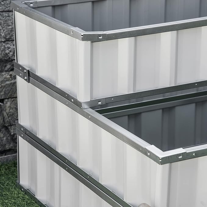 Outsunny 3 Tier Raised Garden Bed Outdoor Metal Patio Planter Box with Gloves, 4' x 4' x 2' for Backyard, Patio to Grow Vegetables, Herbs, and Flowers, White