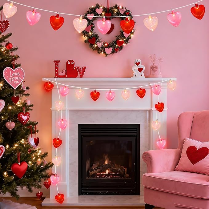 8.5Ft Valentine's Day Decorations Heart Lights String, Valentines Day Lights with 10 LED Red Pink White Heart-shaped with Glitter, Romantic Fairy Light for Valentine Proposal Anniversary Party Decor