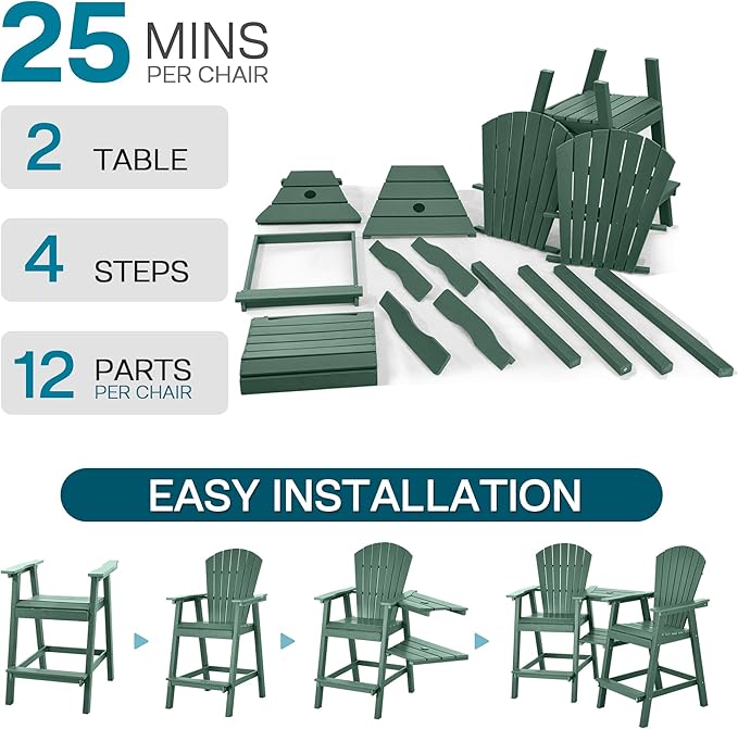 Tall Adirondack Chairs Set of 4, HDPE Balcony Chair with Double Connecting Tray, Weather Resistant Outdoor Adirondack Bar Stools for Patio, Deck, Patio, Backyard, Balcony. (Dark Green)