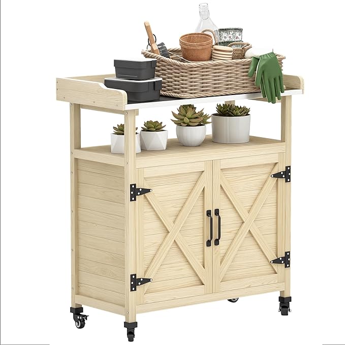 Outsunny Outdoor Wooden Potting Bench Table, Garden Workstation with Storage Cabinet, Aluminum Table Top, Rubber Wheels for Backyard, Patio, Balcony, Natural Wood