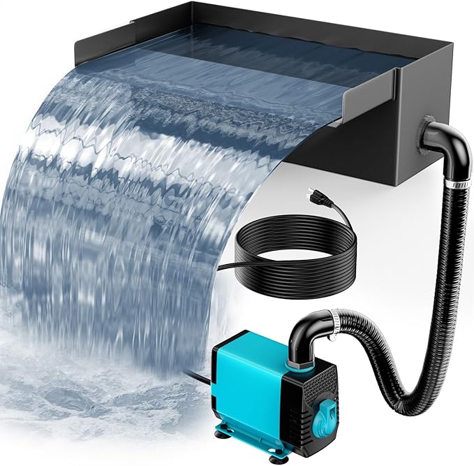 POPOSOAP 8Inch Pond Waterfall Spillway with Pump Kit, 304 Stainless Steel Pond Waterfall Box, Pond Spillway with 9.8FT Corrugated Tubing for Garden Waterfall Water Features-P42