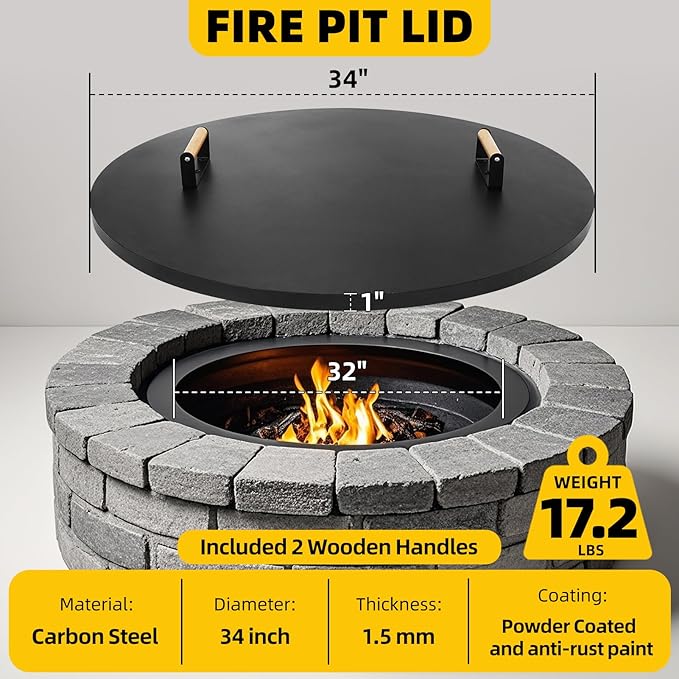 G GOOD GAIN Firepit Lid Round 34inch - Rust Resistant Fire Pit Lid Cover with Wooden Handle & Gloves, Fire Pit Snuffer Lid for Courtyards, Patio, Winter Cold Protection. Fits Fire Pits Up to 32‘’