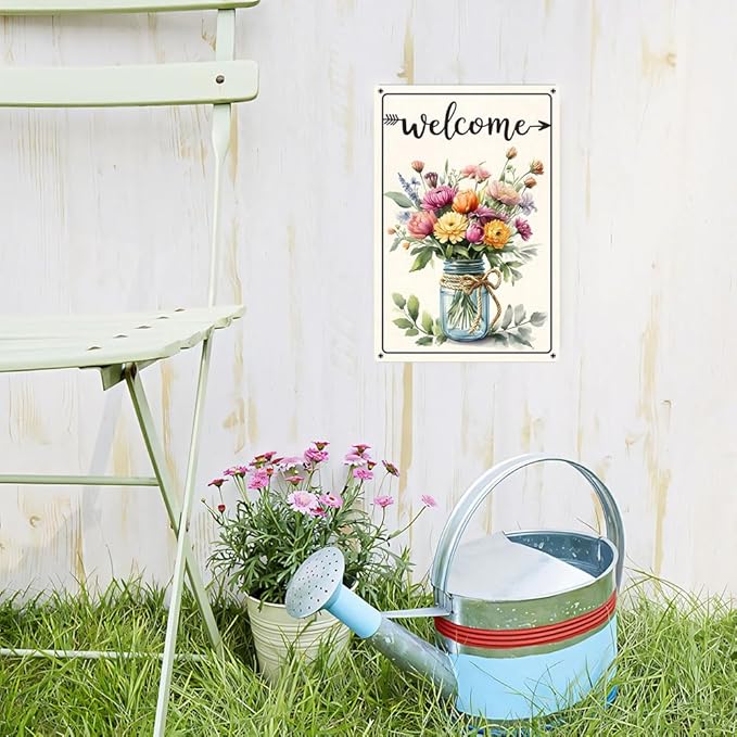 Funnysign Vintage "Welcome" Tin Sign – Rustic Floral Bouquet in Mason Jar – Metal Wall Decor for Home, Porch, Garden – 8x12 Inches (9821)