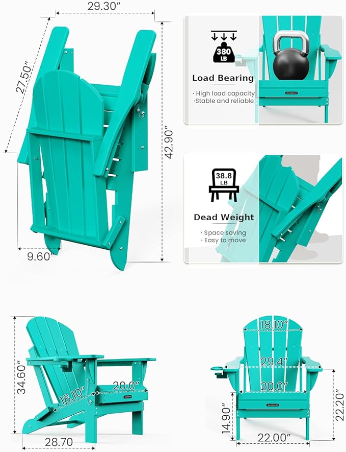 MUCHENGHY Folding Adirondack Chairs 4 Pack, Patio Chairs, Outdoor Chairs, Adirondack Chair Plastic, Fire Pit Chairs, Weather Resistant with Cup Holder for Deck, Backyard, Garden(Lake Blue)
