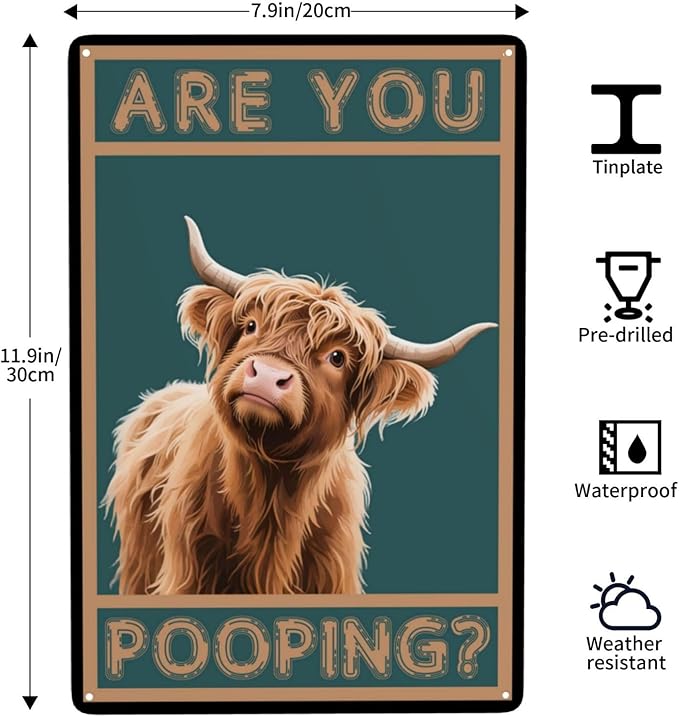 Cow Are You Pooping Bathroom Vintage Metal Tin Sign Retro Rustproof Funny Art Wall Decor Gift for Western Lovers 8x12 Inch