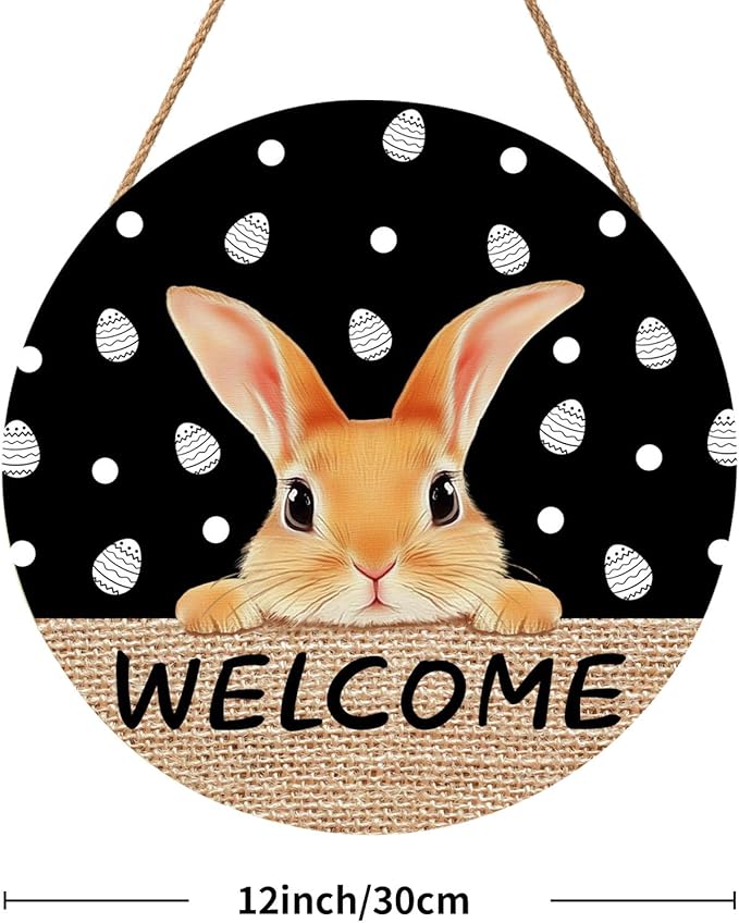 Welcome Door Sign For Front Door Decor,Easter Bunny Eggs Black Wooden Sign 12"x 12" Round Easter Hanging Door Sign Decoration for Wall Rustic Decor